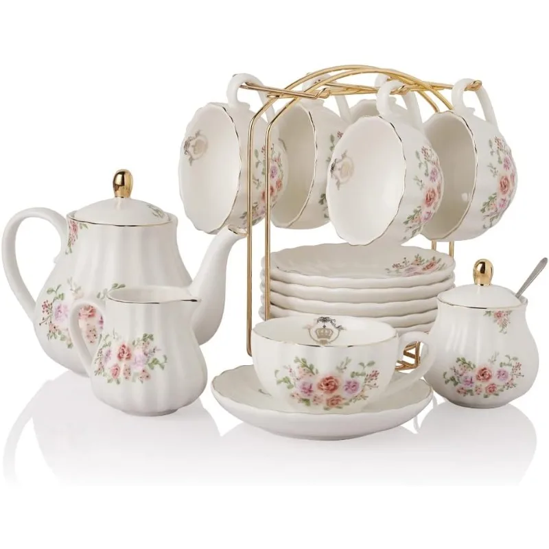 

Tea Sets British Royal Series, 8 OZ Cups & Saucer Service for 6, with Teapot Sugar Bowl Cream Pitcher Teaspoons