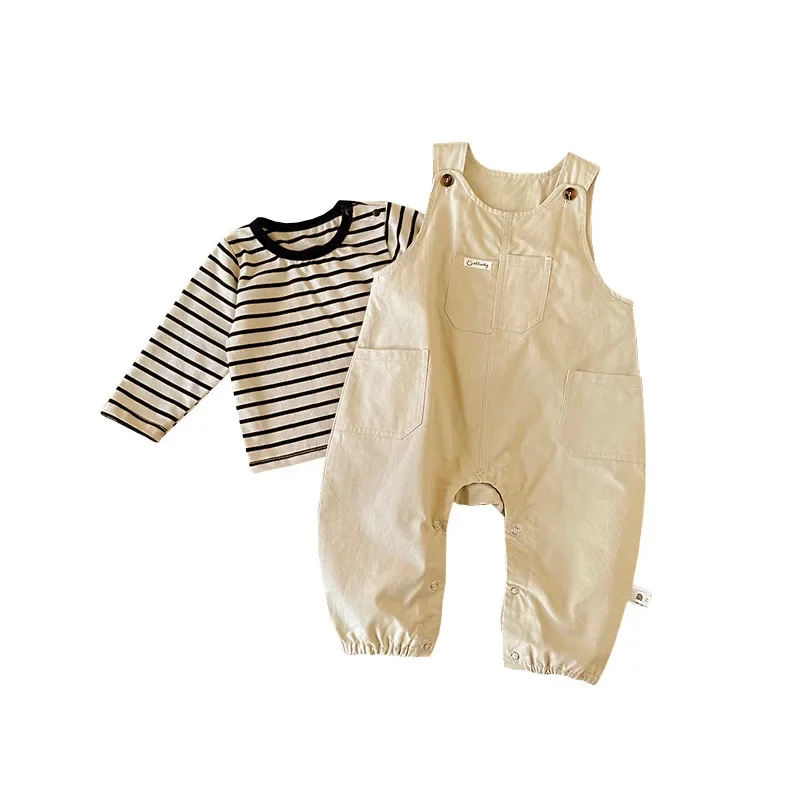 

Dian Xi 2024 Spring and Autumn New Baby Tooling Overalls Striped T-Shirt Foreign Style Boys and Babies onesie Two-piece Set