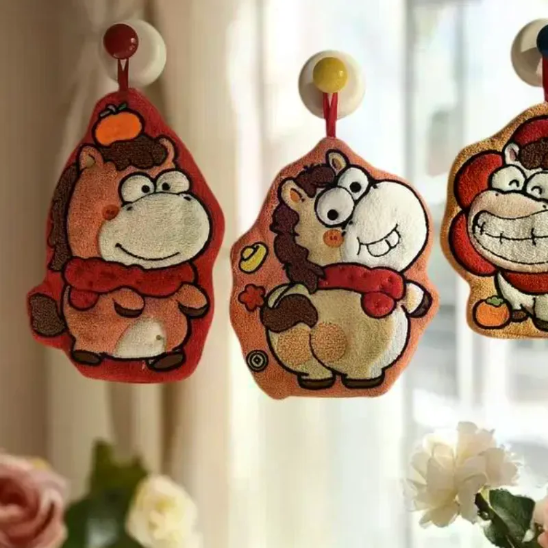 New Year Lucky Pony Cute Cartoon Horse Hand Towel Thick Absorbent Coral Fleece Hanging Towel For Kitchen Bathroom Handkerchief