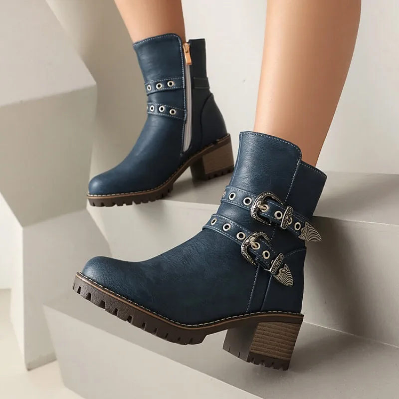 Simple Belt Buckle Rivet Car Stitching Short Boots Women's Short Plush Warm Commuting 5.5cm Thick Heel Ankle Boots Size 34-44