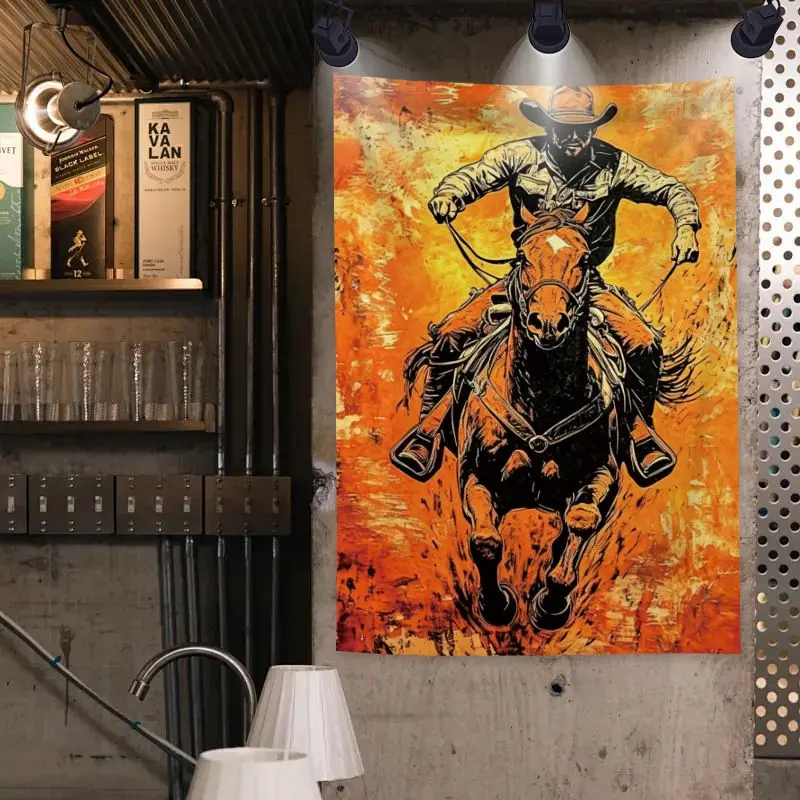 VIKAMA Western Cowboy Tapestry Vintage Horse Riding Poster Wall Hanging Retro Bedroom Living Room Polyester Decor