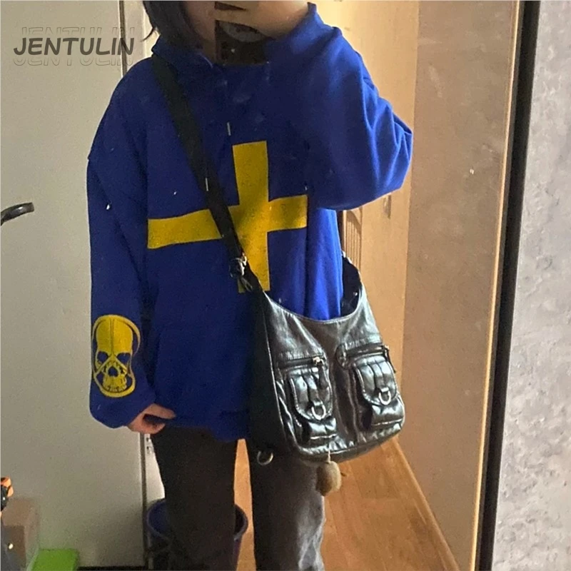 Felpa con cappuccio unisex stile americano Cross Element Felpa con cappuccio unisex Tendenza retrò Allentata Casual Versatile Top Grunge Klein Felpa con stampa di lettere blu
