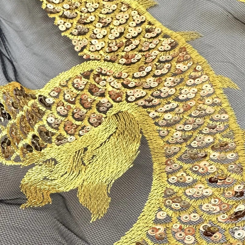 1Pcs Super Large Gold Sequin Dragon Black Mesh Fabrics Embroidery Patches Applique Sewing On Clothing Dress Lace Patch Decor DIY