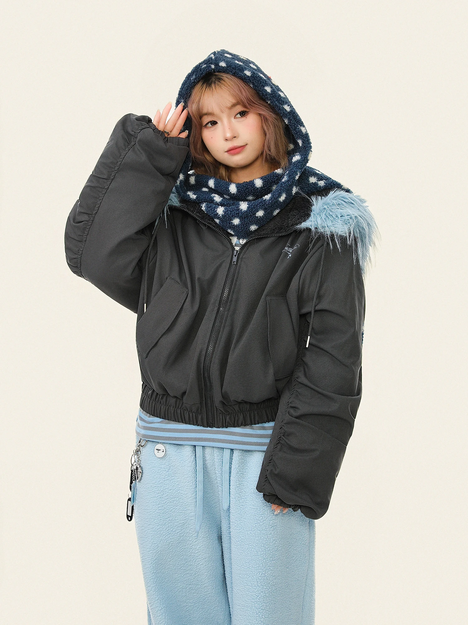 

Ретро-куртка в американском стиле с цветными блоками, на флисовой подкладке, с капюшоном, женское зимнее теплое свободное хлопковое пальто с меховым воротником, милое стильное пальто...