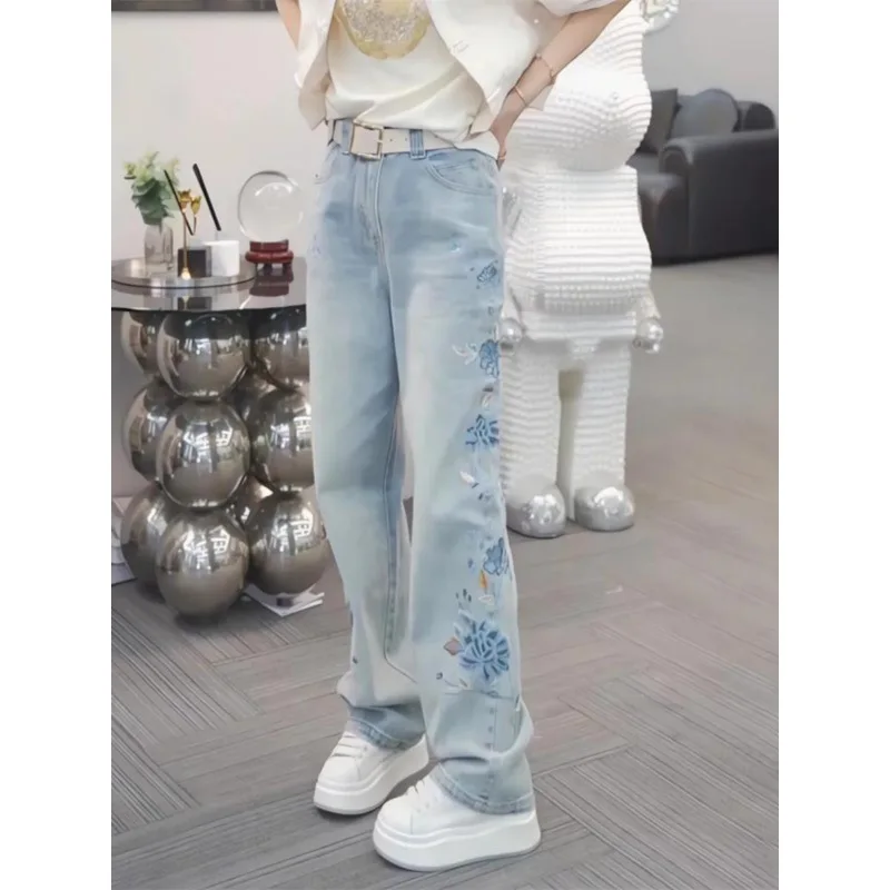 Women's New Chinese-Style Embroidered Jeans2024Spring and Summer New All-Matching Slimming National Style Straight-Leg Pants Des