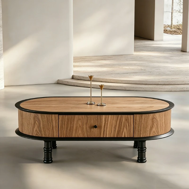 Modern coffee table with black wood veneer cabinet double drawers suitable for living room