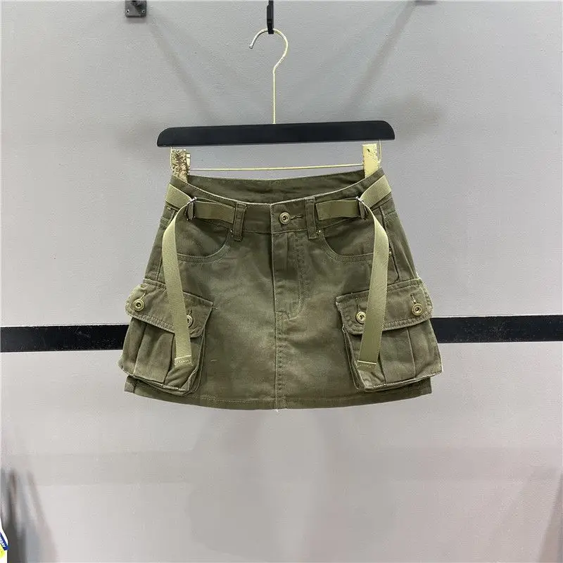 Zipper Fly Denim SKirts with Button Women's Denim Cargo Skirts with Pockets Sexy Mini A-line Jean Skirts Female Streetwear