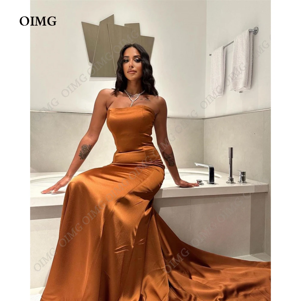 

OIMG 2023 Sexy Strapless Satin Long Prom Dresses Pleats Mermaid Arabic Women Party Dress Evening Formal Gowns Vestidos New