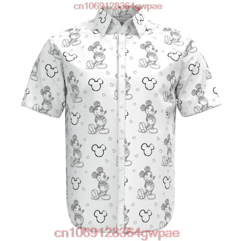 2023 New Disney Hawaiian Shirt Fashion Mickey Mouse Sketch Doodle Shirt Disneyland Short Sleeve Button Shirt Casual