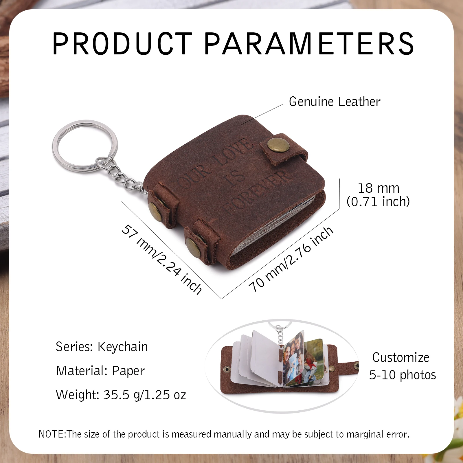 JewelOra Personalized C​ustom Photo Mini Album Keychains for Ladies Vintange Retro Style Brown Paper Picture Keyrings for Women