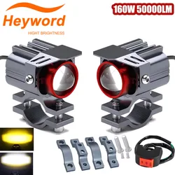 Heyword 160W 50000LM Led motorcycle headlights super bright spotlights high and low beams dual color white yellow spotlights 12V