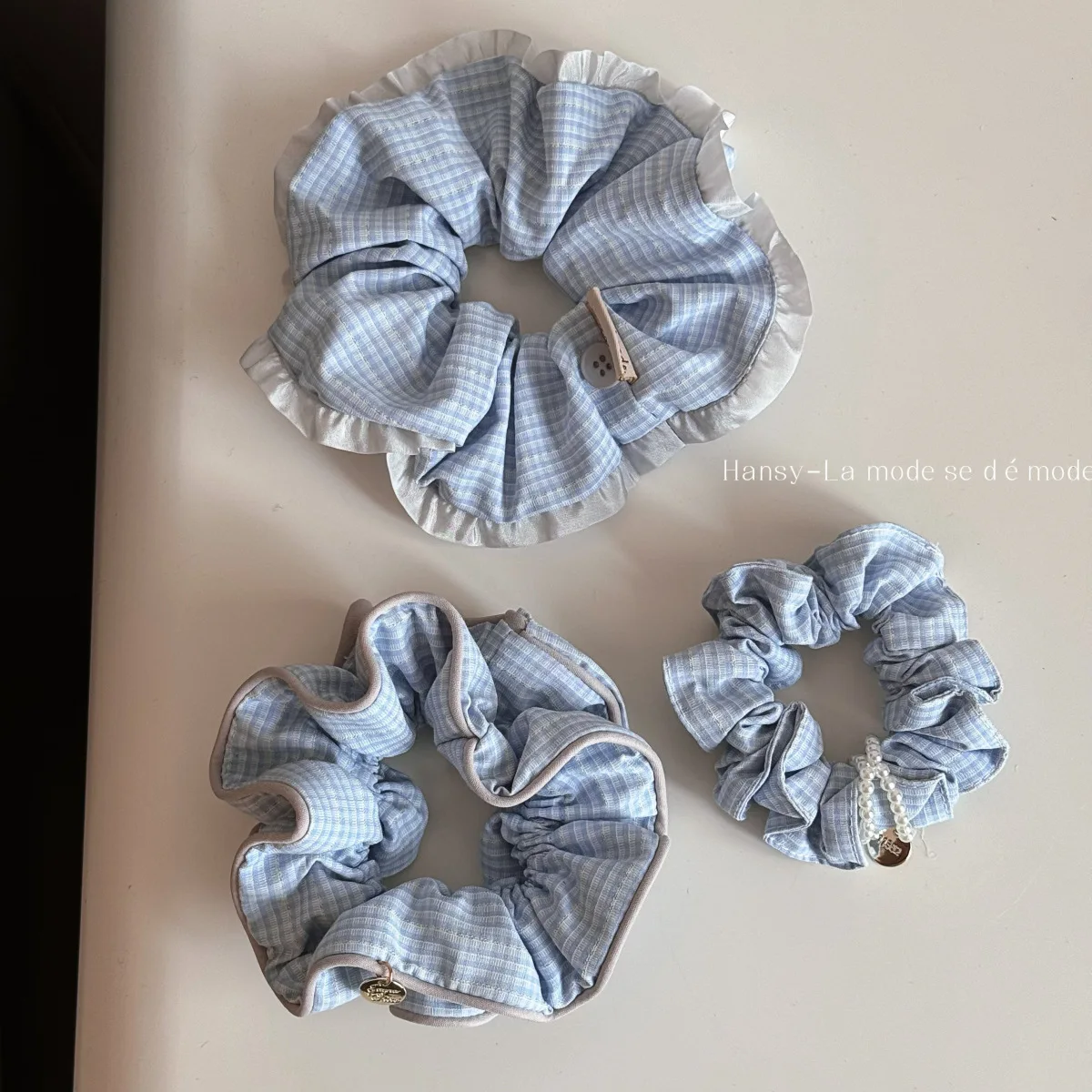 Hair Scrunchie Blue White Ruffle High Elasticity Comfortable Fabric for Women Daily Office Travel Party Lightweight Accessory