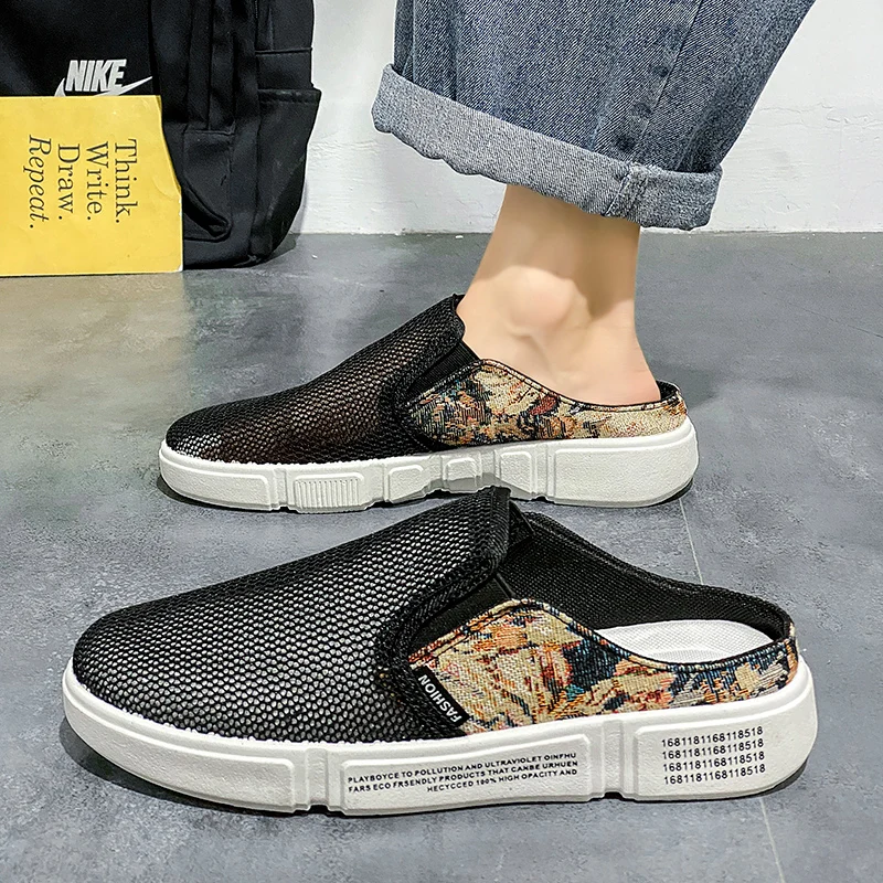 Mesh Semi-Drag Men Casual Shoes Half Shoes For Men Mules Slipper Outdoor Sandals Summer Backless Board Shoes Flats Man Slides