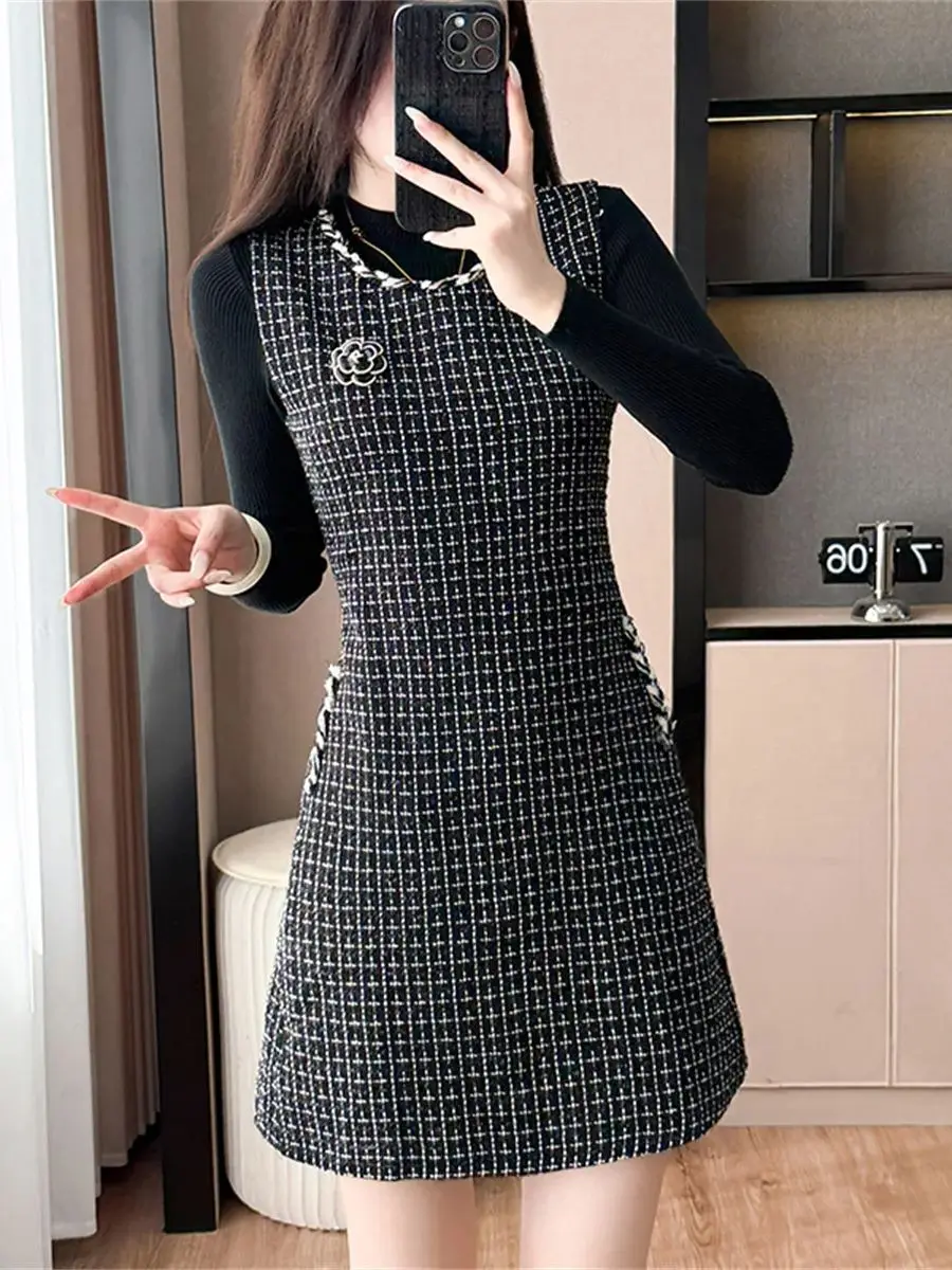 Chic Tweed Vest Dress Two Piece Sets for Women Fall/Winter Elegant Style 3D Flower Plaid Suspender Dress with Knitted Tops Sets