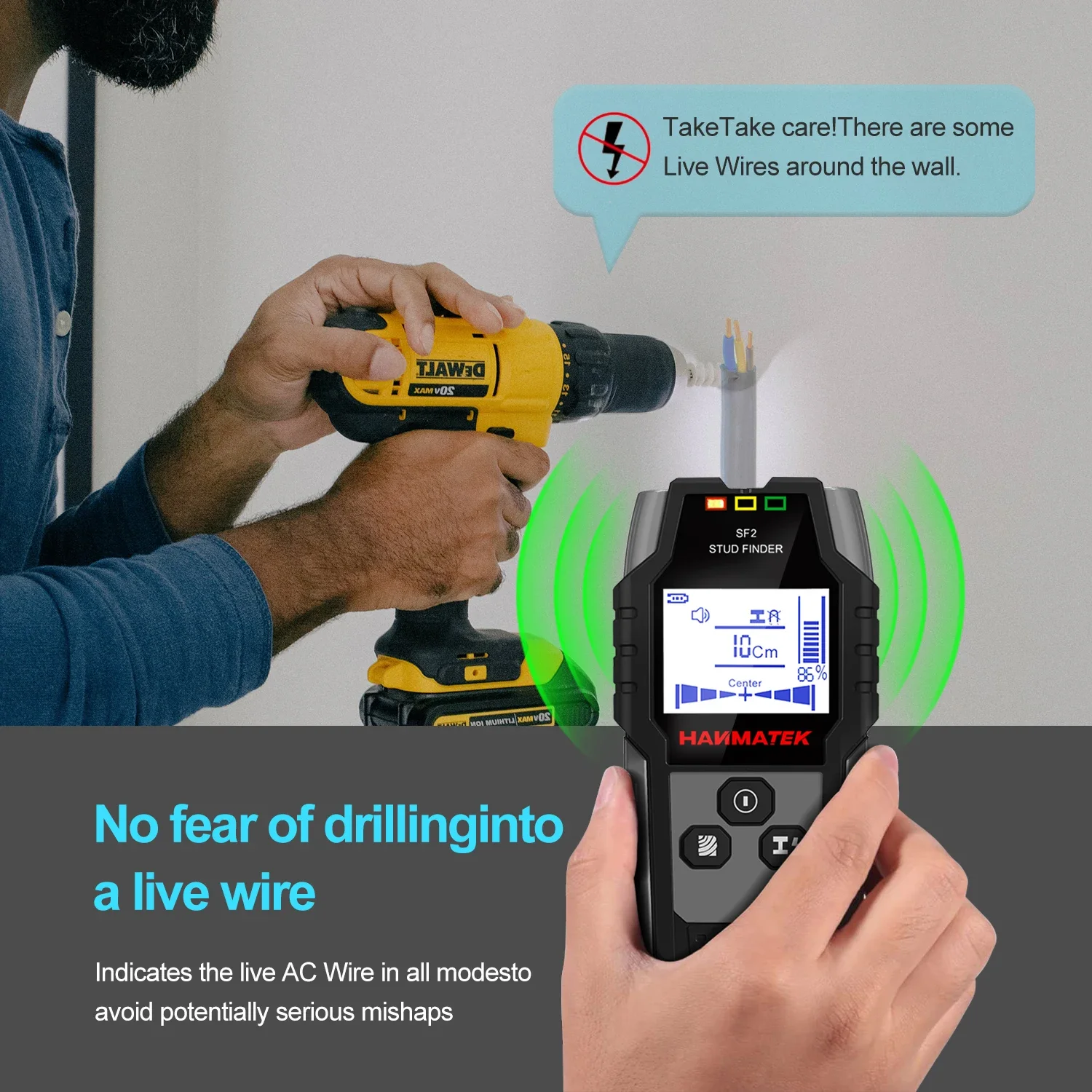 HACHANLUN SF2 Stud Finder Borchie in legno Rilevazione di metalli Rilevamento del cavo live Rilevatore di misurazione della profondità dei metalli Rilevatore da parete Scanner