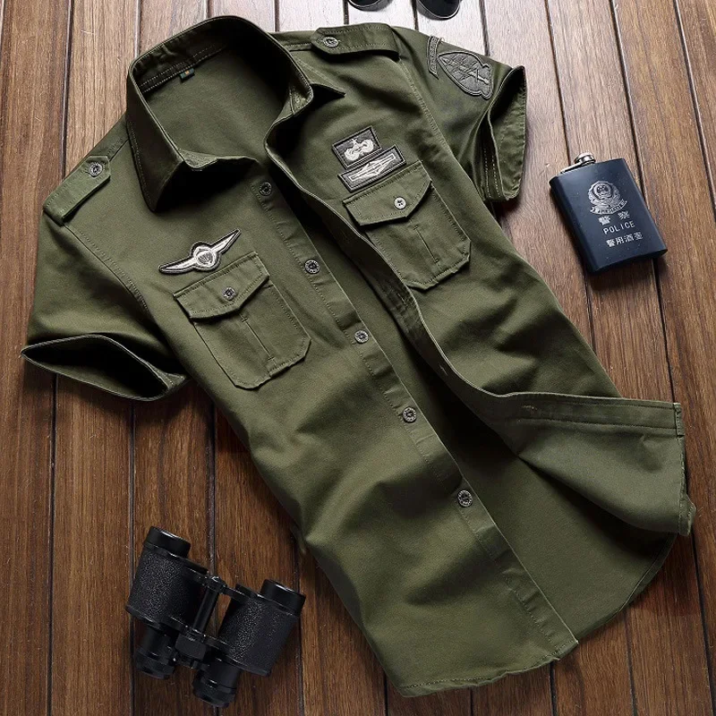 Fashion Mens Shirts Casual Slim Fit Solid 100% Cotton Cargo Short Sleeve Pilot Shirt Military Camouflage Chemise Plus Size M-6XL