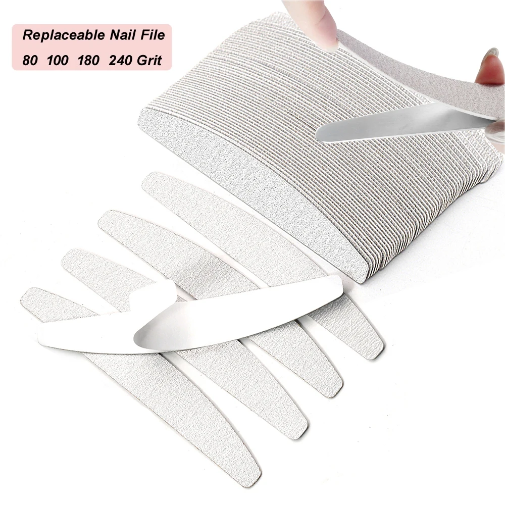 

100 Pcs/Lot Moon Replacement Sandpaper Files 80 100 180 240 With Metal Handle Grey Replaceable Files For Saws Removable Pads Set