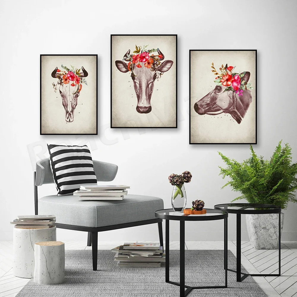 Floral Cow Anatomy Art, Vintage Veterinary Art Cow Physiology Buffalo Veterinary Clinic Decor, Veterinary Gifts Biologist Gifts