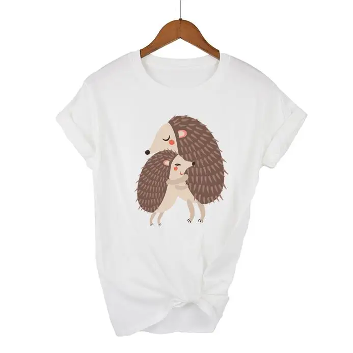 2021 Moda divertente Top in cotone Hedgehog Hug Stampa T-shirt per le donne O-Collo femminile Manica corta harajuku Tees feminina