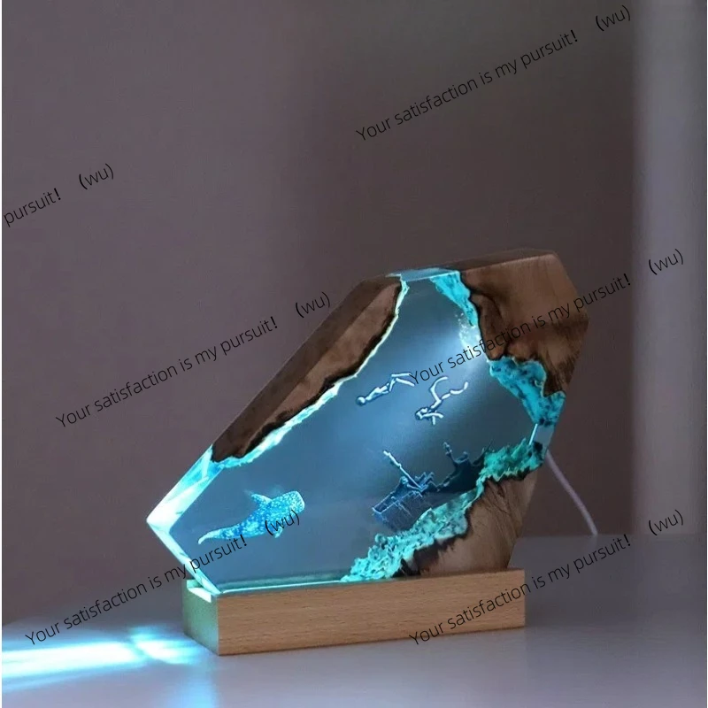ZOCI-Home Decor Bedroom Soft Light Office Desktop Creative Ocean Art Ornament Gift Solid Wood Resin Nightl