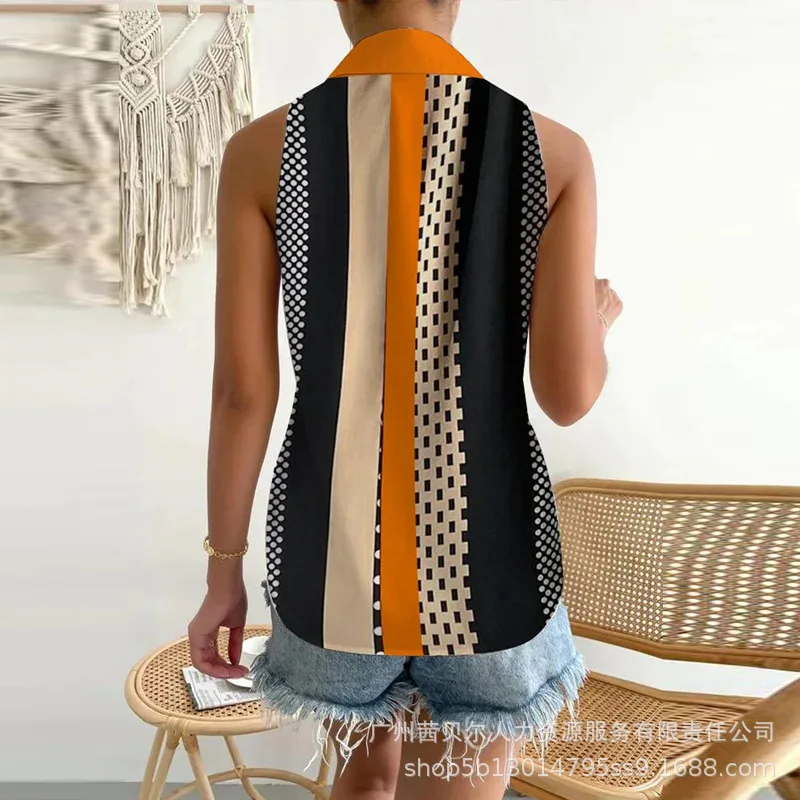 Korean Popular Clothes 2023 Orange Printed Standing Collar Sleeveless Top Women