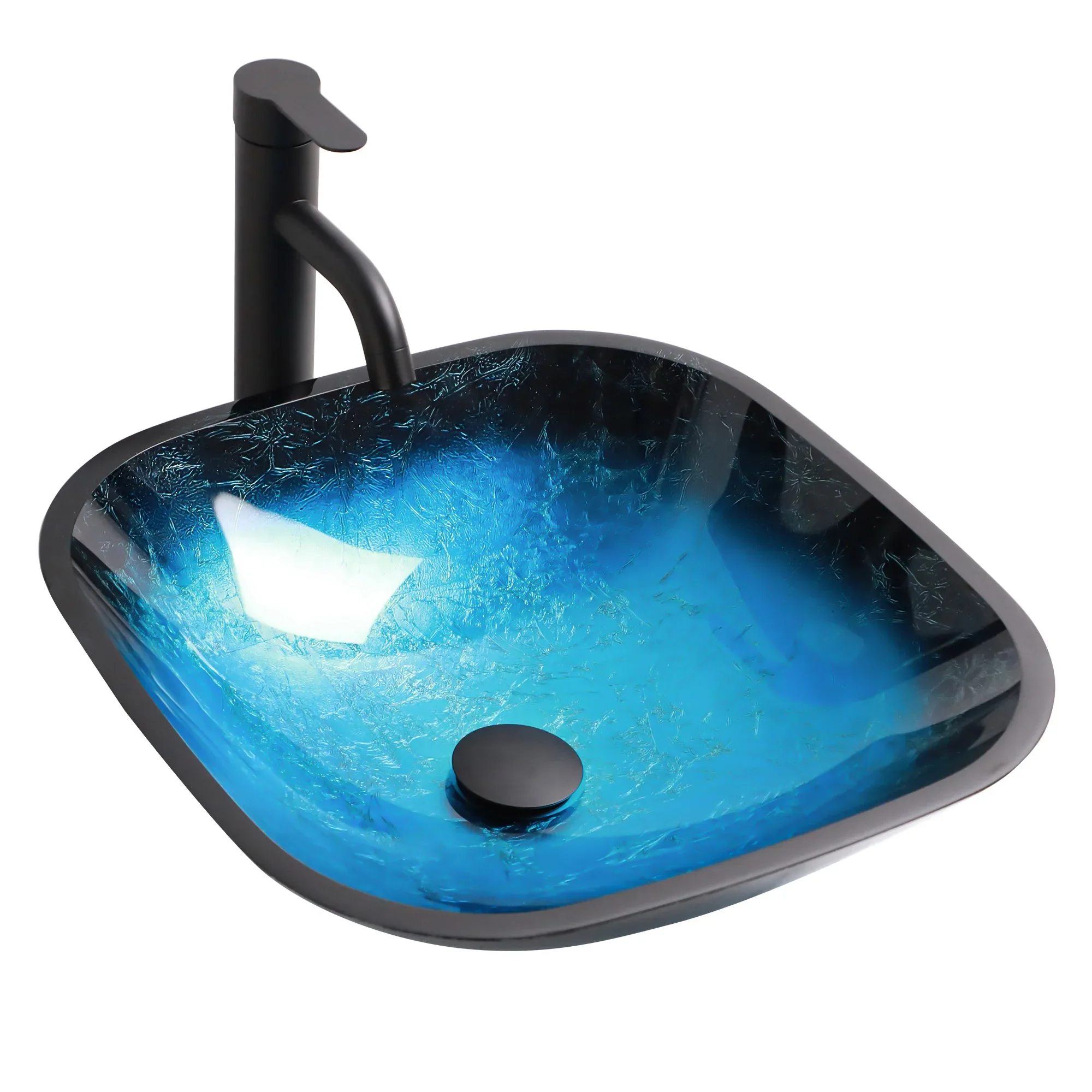 Sarlai 16'' L X 16'' W Tempered Glass Blue Vessel Bathroom Sink with Pop-up Drain