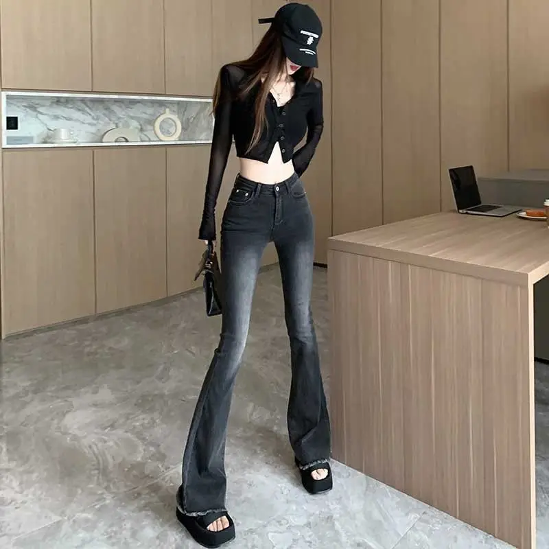 Dames herfst nieuwe modetrend hoge taille wijde pijpen slim fit elastische franjes ontwerp gevoel veelzijdige micro uitlopende broek