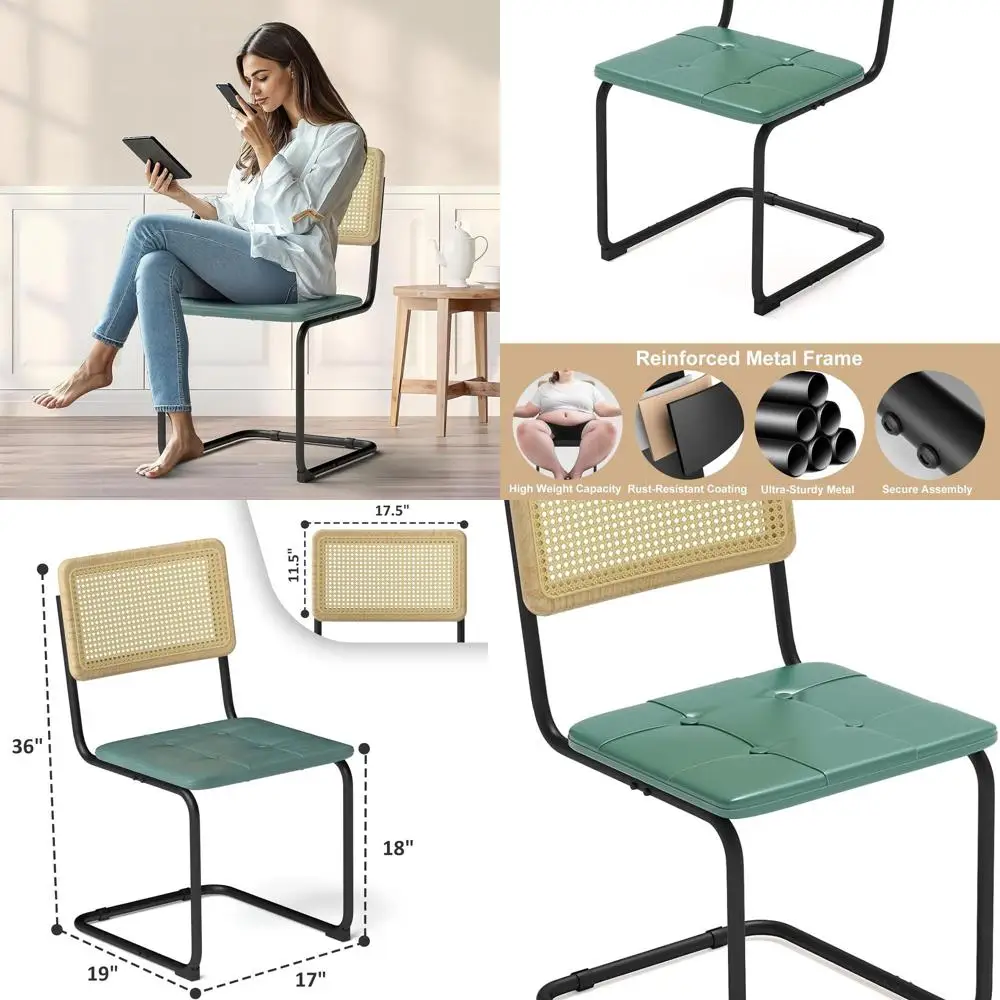 

Modern Rattan Dining Chair with Leather Seat, 400lbs Capacity, Green