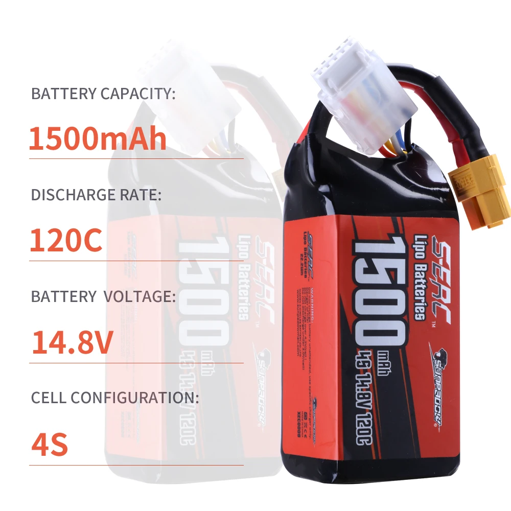 SUNPADOW-4S Lipo Bateria, 14.8V, 1500mAh, 120C, XT60 Plug para RC FPV Drone, Helicóptero, Avião, Quadcopter, 2 Pacotes