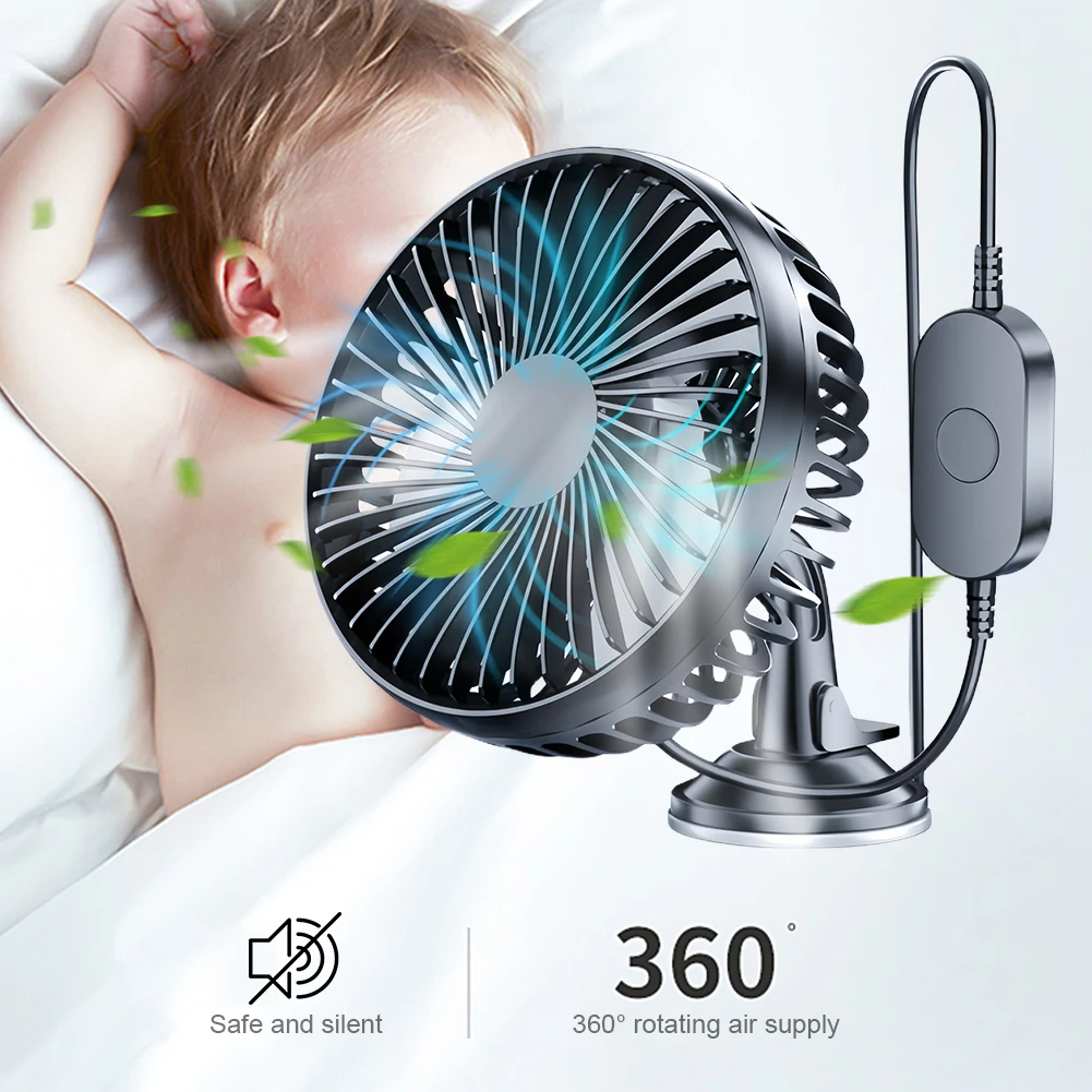 Car Fan 12V-24V Large Wind Three Speed Control Light and Portable Suction Cup Single Head Portable USB Rechargeable 360 Degree view 3