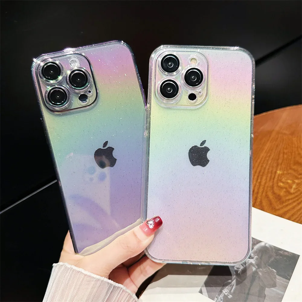 Dla iPhone 15Pro brokatowe kolorowe etui na iPhone 15 14 Pro Max 13 12 11 Gradient Rainbow Ultra Slim odporne na wstrząsy luksusowe etui