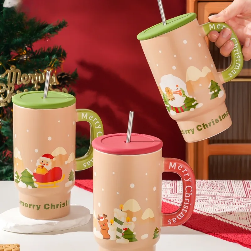 

Creative Large Capacity Christmas Ceramic Cup with Lid Straw Cup for Home Use High-value Mug