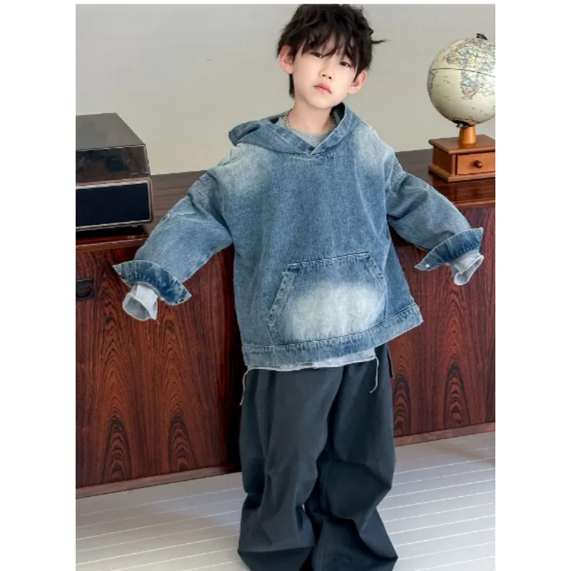 

Children's Clothing Boy Denim Jacket Hoodies Autumn Spring Vintage Children's Hooded Pullover Top