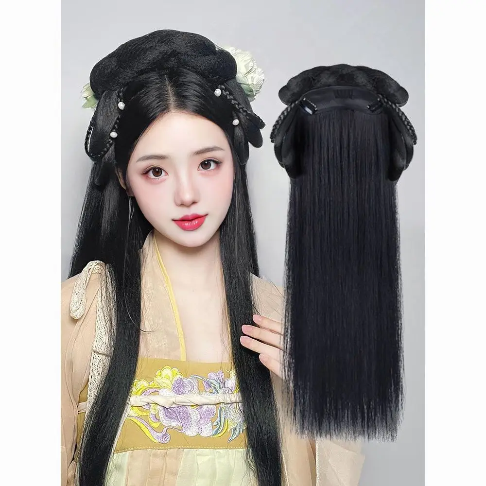 Hanfu Hair Accessory All-in-One Wig Bun Hairband | Pre-Styled Lazy Updo Set | Heat Resistant Fiber for Women Cosplay Costume