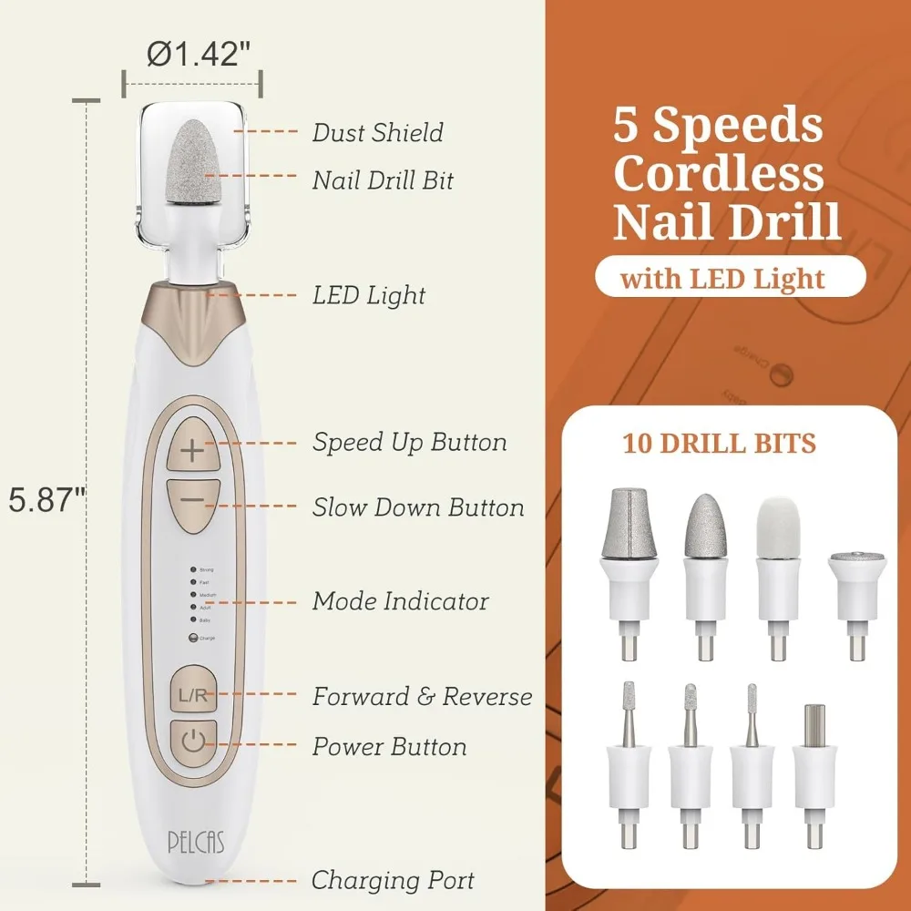 Electric Toenail Grinder for Thick Toenails, 5 Speeds Manicure and Pedicure Kit, Cordless Nail Drill with LED Light, Electric N