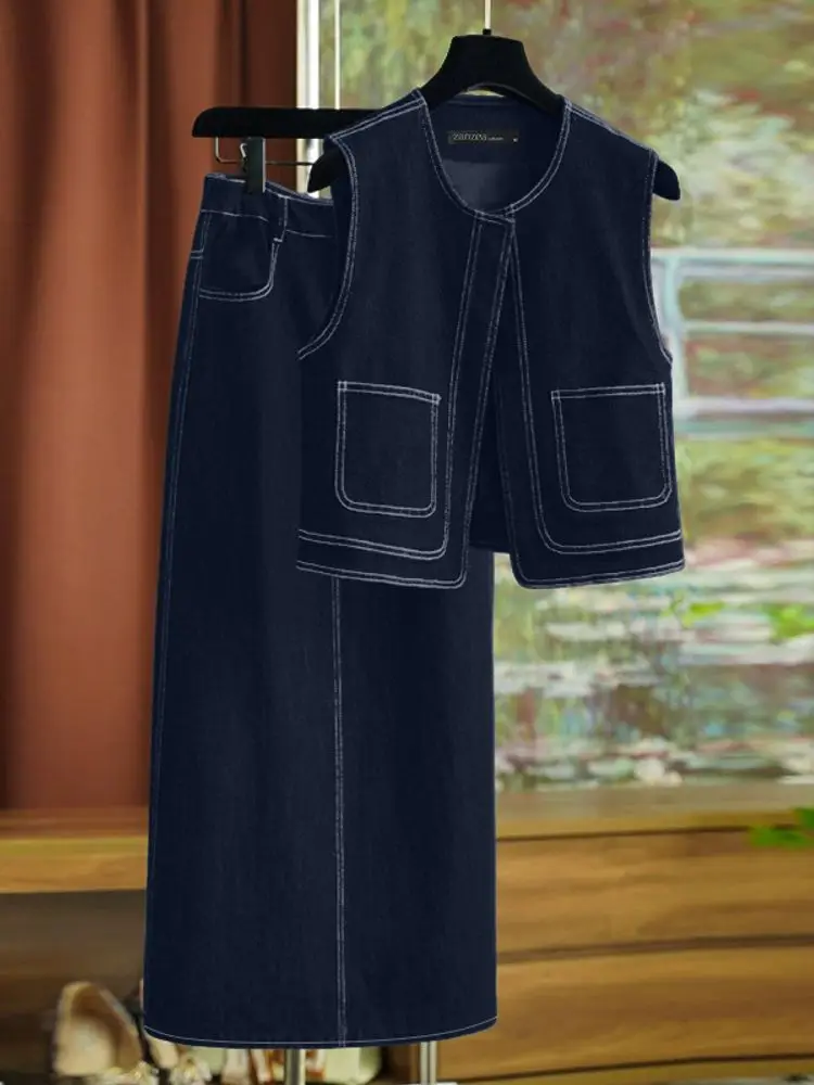 ZANZEA Elegant Denim Dress Sets Women Pockets Sleeveless Vests and Long Skirts Fashion Summer Casual Loose Solid 2 Piece Sets image 3