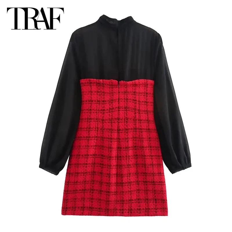 TRAF Rhinestone Plaid Dresses Women\'s Dress 2024 Autumn Elegant Party Mini Dresses Ladies Casual Red Short Long Sleeve Dresses