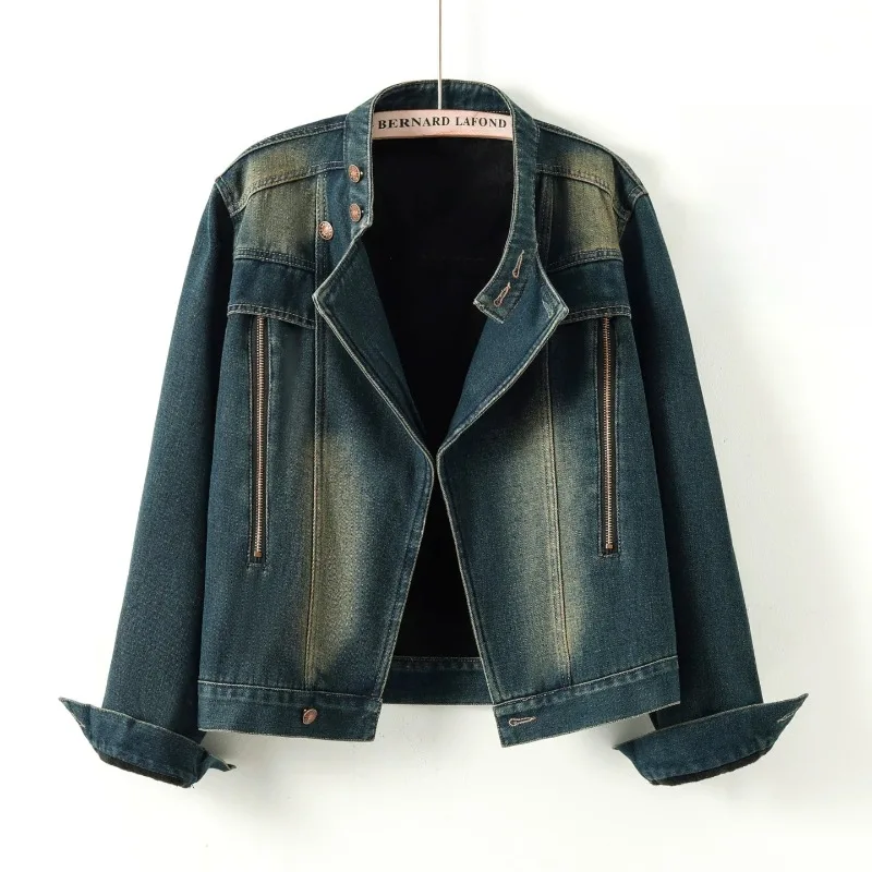 Short Zipper Stretch Denim Coat Jacket Women Slim Vintage Autumn and winter fleece-lined Lady Long-sleeved Casual Jean Outwear