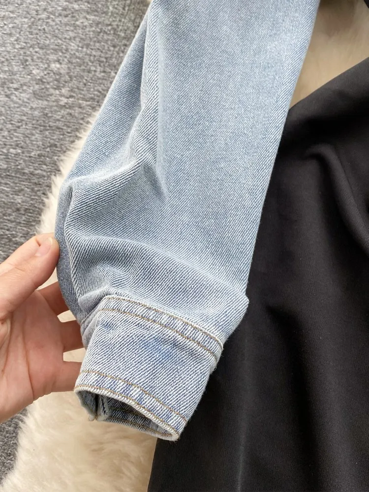 Lusumily Vintage Denim Dress Patchwork Design A-line Jean Dress Woman Elegant Lapel Long Sleeves Female Holiday Vestidos Rober