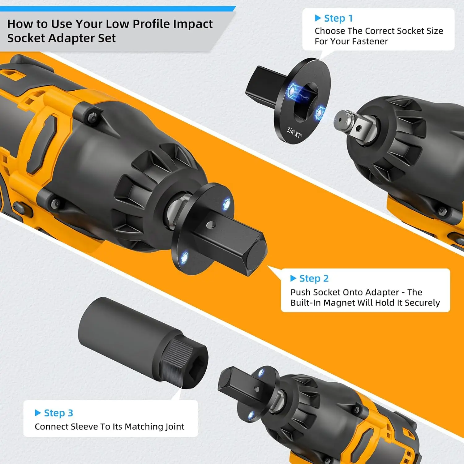 Low-Profile Impact Socket Adapter Set 3/4 tot 1,1/2 tot 3/4,1/2 tot 3/8,1/4 tot 3/8 Drive Ratel Adapter 4 Stuks Socket Adapter Set