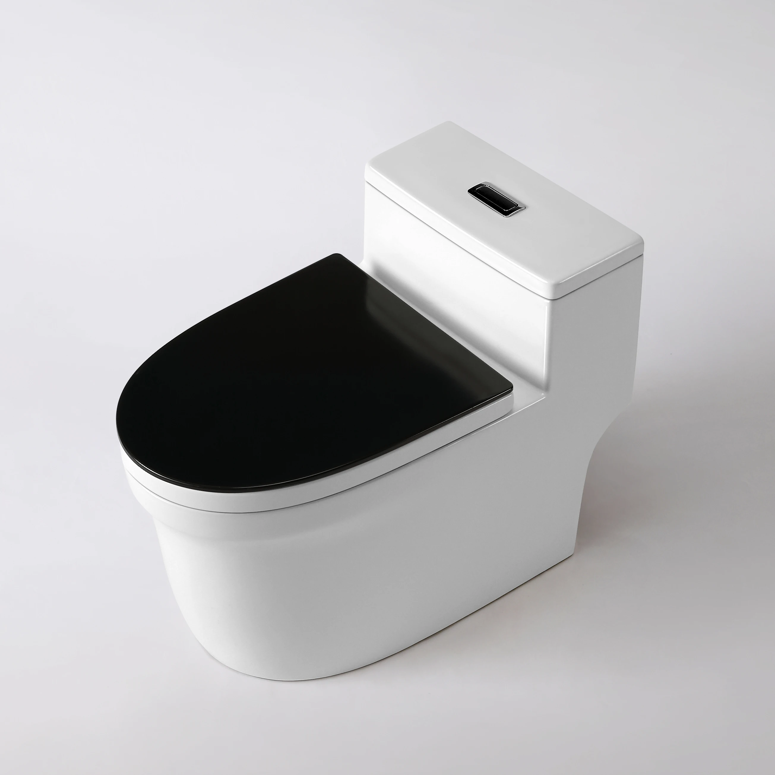 

Small Size Bathroom Water Closet Low Water Tank Ceramic Wc Floor Mounted One Piece Toilet Bowl With Black Seat Cover