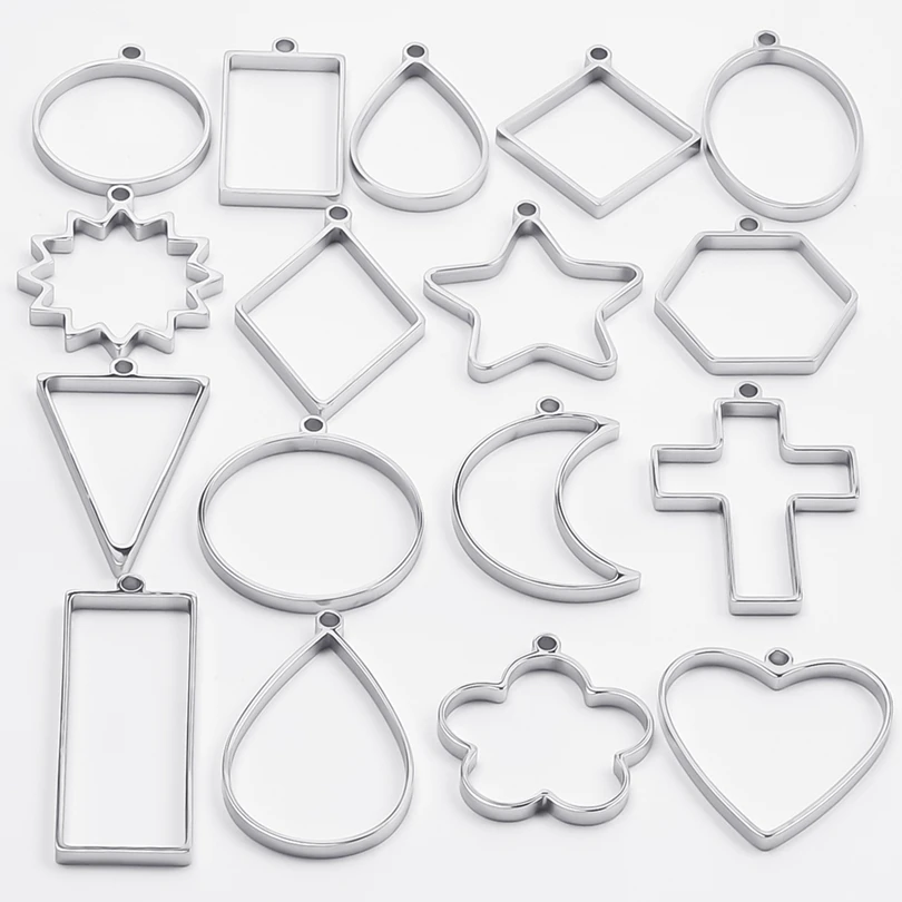 9Pcs/Lot Stainless Steel Mix Styles Geometric Figure Hollow Glue Blank Pendant  Bezel Mold Charms For Diy Handmade Jewelry Bulk