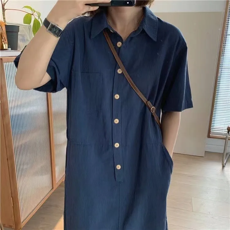 Cotton and linen short sleeved shirt women's shirt dress medium length 2024 summer new minimalist straight tube dress CW94