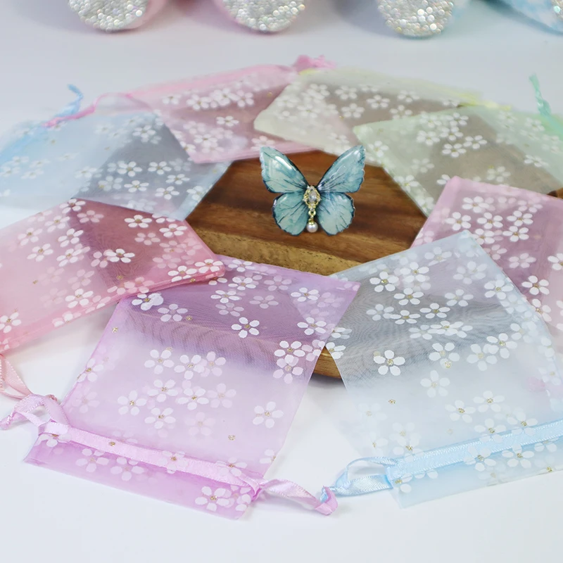 10Pcs/lot 9x12cm10x15cm13×18cm15×20cm Flower-patterned gauze bags Floral Drawstring Organza Gift Pouches Customize Your Logo