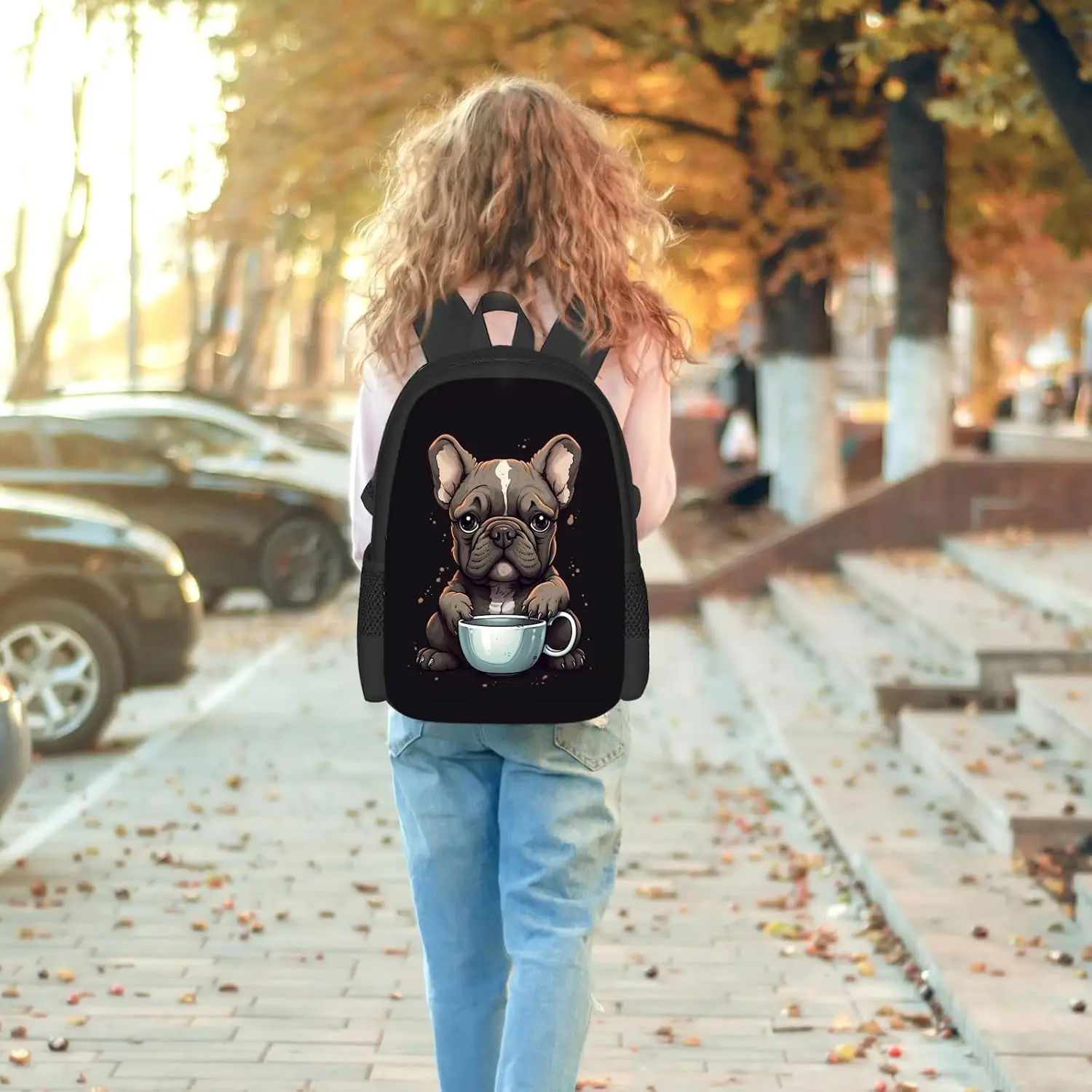 フレンチブルドッグバックパック男の子女の子かわいい犬子犬フレンチブルドッグドリンクコーヒーランドセル小学校中学校
