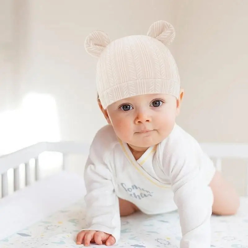 

Baby No Scratch Mittens Gloves Hat Set Knitted Breathable Cotton Bear Ear Cap Gloves for Toddler Infant 0-2 Month A2UB