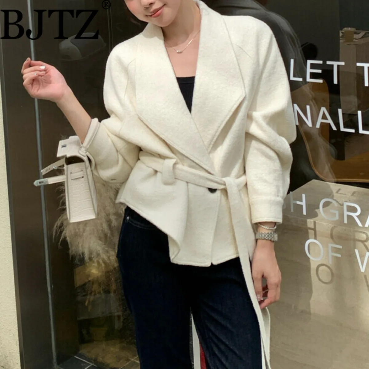 

BJTZ женское короткое пальто из 75% шерсти с поясом и шарфом, саржевый дизайн, осень-зима, шикарная рабочая одежда для поездок на работу, универсальная теплая одежда