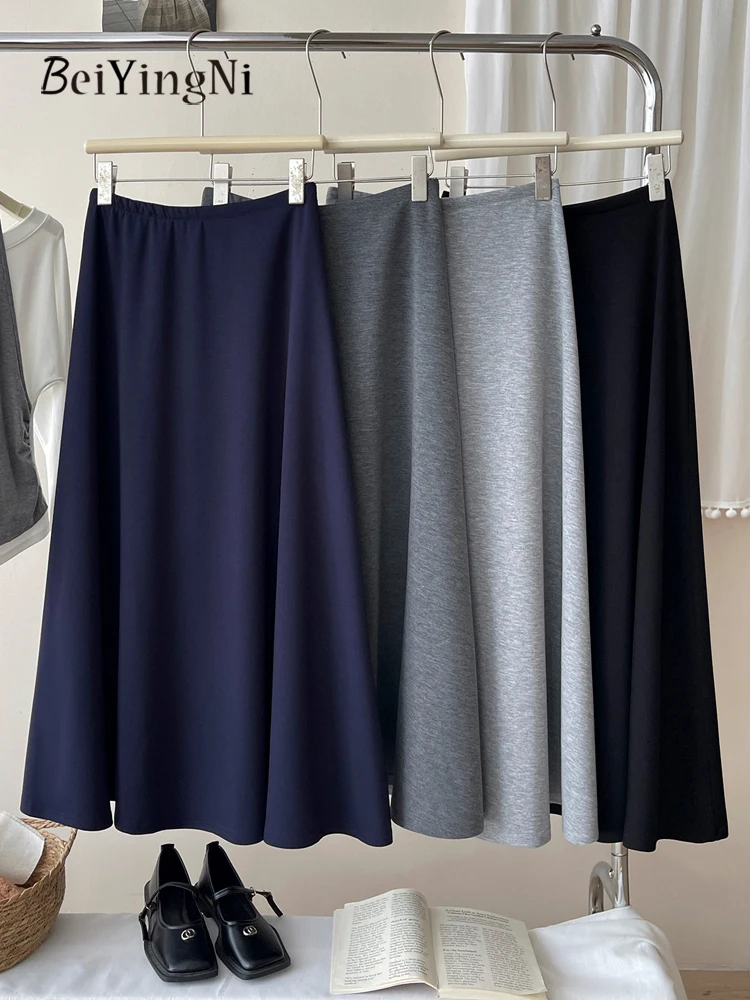 Spódnice damskie Beiyingni jesień-zima, francuskie, eleganckie, vintage, codzienne, z wysokim stanem, długa spódnica w kształcie litery A, elastyczna talia, faldas