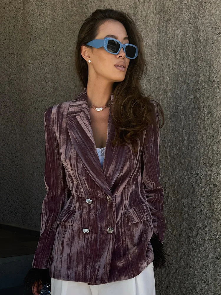 HH Women Velvet Pants Suit Loose Lapel Button Feather Decoration Long Sleeve Suit Jacket+Autumn High Waist Zipper Wide-leg Pants
