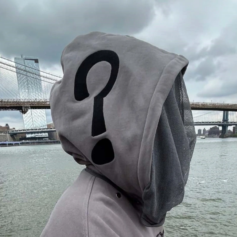 Unisex Boxy Jacket Streetwear Retro Mesh Mask Hoodie Black Embroidery Detachable Cap Pullover Y2K American High Street Design view 5